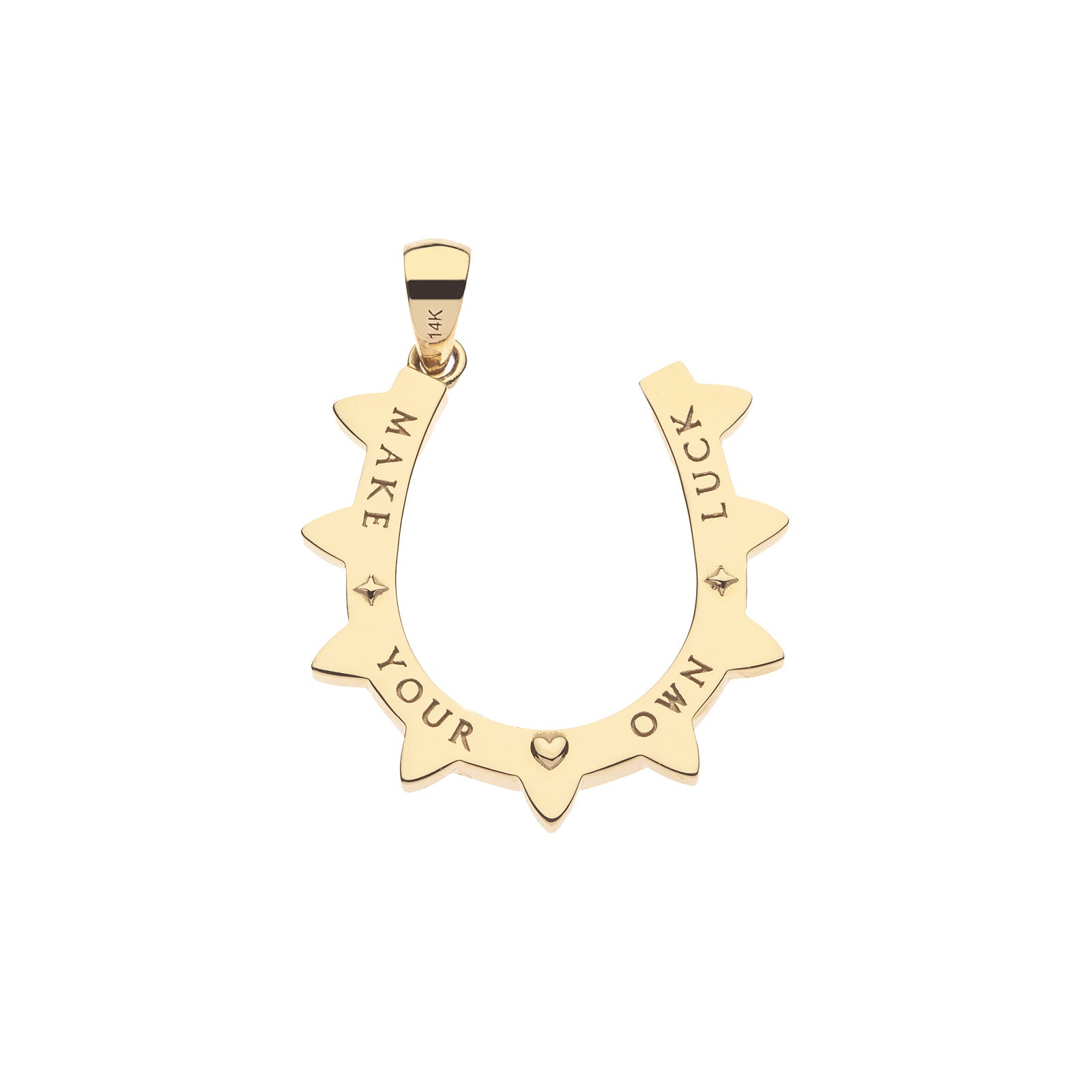 Gold horseshoe pendant back says "make your own luck"