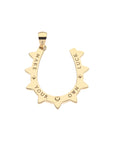 Gold horseshoe pendant back says "make your own luck"