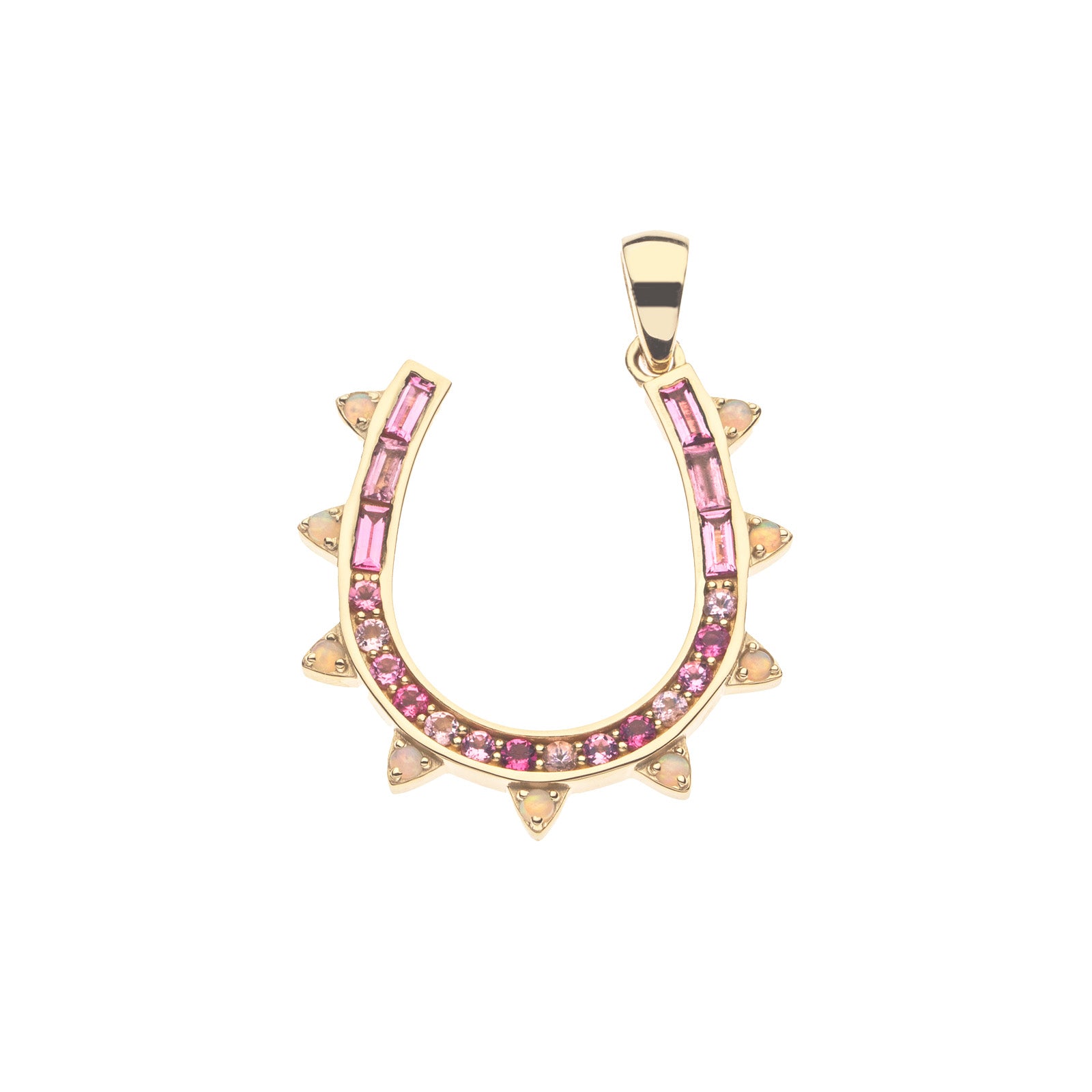 Gold horseshoe pendant with pink sapphire and pink tourmaline stones and Ethiopian opals on the border