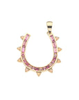 Gold horseshoe pendant with pink sapphire and pink tourmaline stones and Ethiopian opals on the border