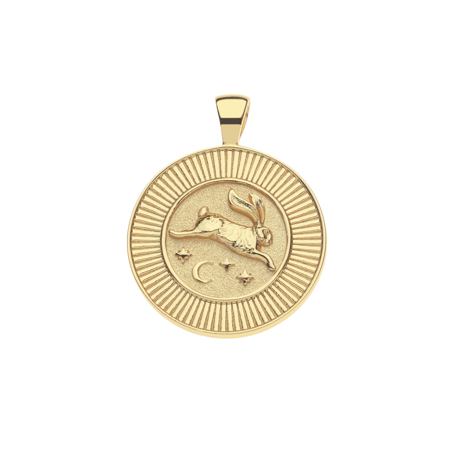 Gold coin pendant featuring a rabbit with moon and star details