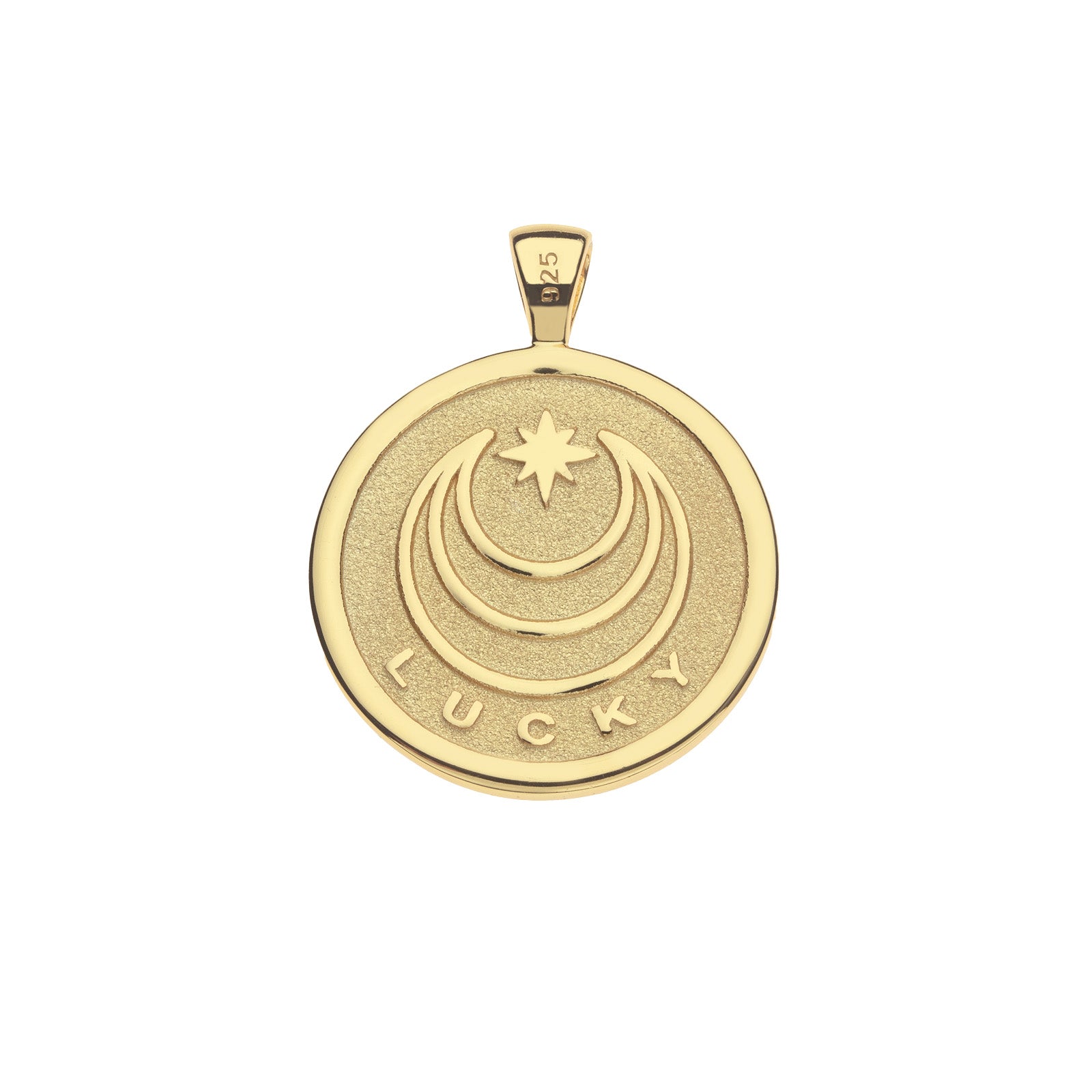 Back of gold coin pendant with moon and star logo and the word LUCKY