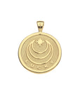 Back of gold coin pendant with moon and star logo and the word LUCKY