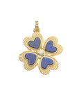 Front of gold 4 leaf clover pendant with lapis detail and white topaz center stone