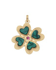 Front of gold 4 leaf clover pendant with malachite detail and pink tourmaline center stone