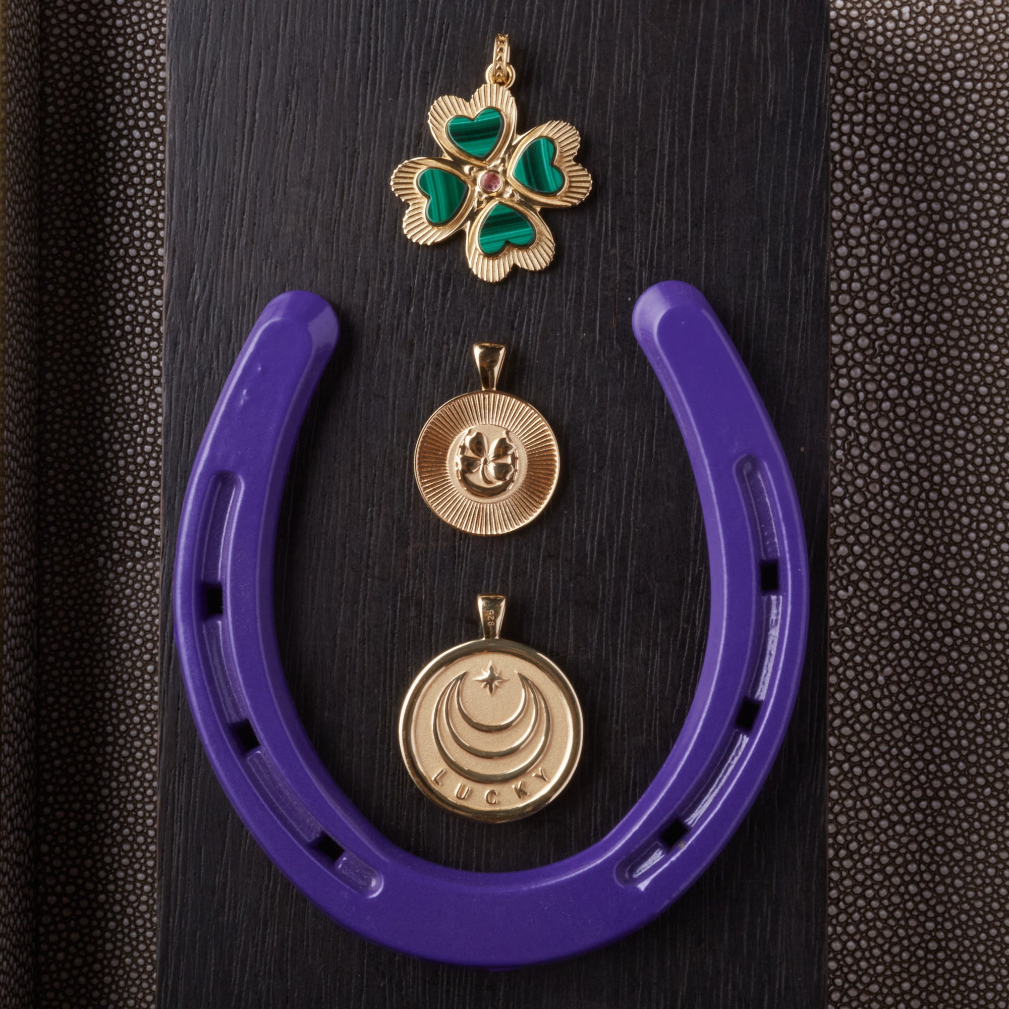 Stylized laydown image of gold Lucky coin pendants with purple horseshoe