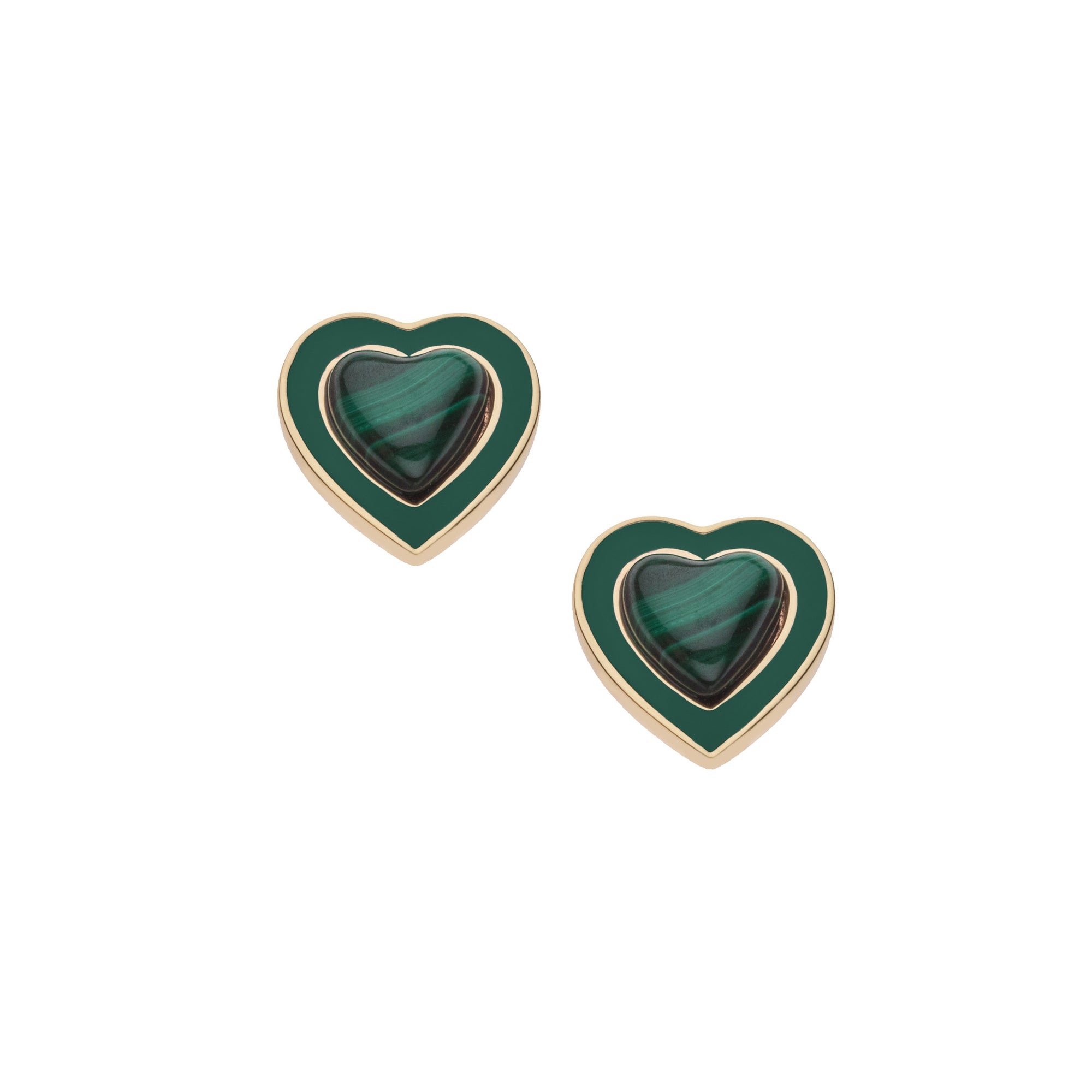 Malachite heart stud earrings with matching green enamel border