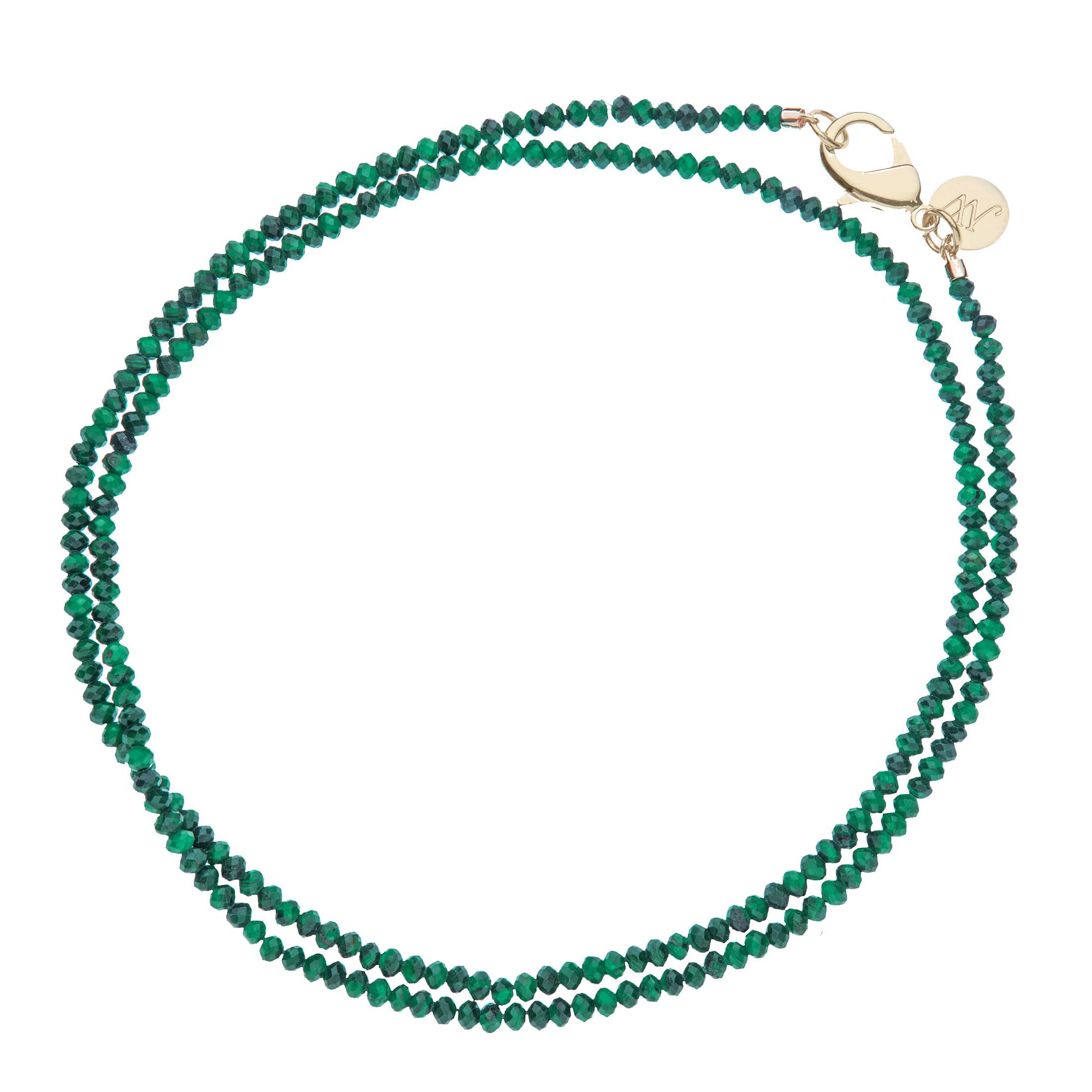 Double wrapped beaded necklace with malachite beads and oversized gold lobster clasp