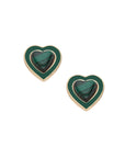Malachite heart stud earrings with matching green enamel border