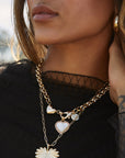 Model Wearing Gold Rolo Necklace with Heart Pendant
