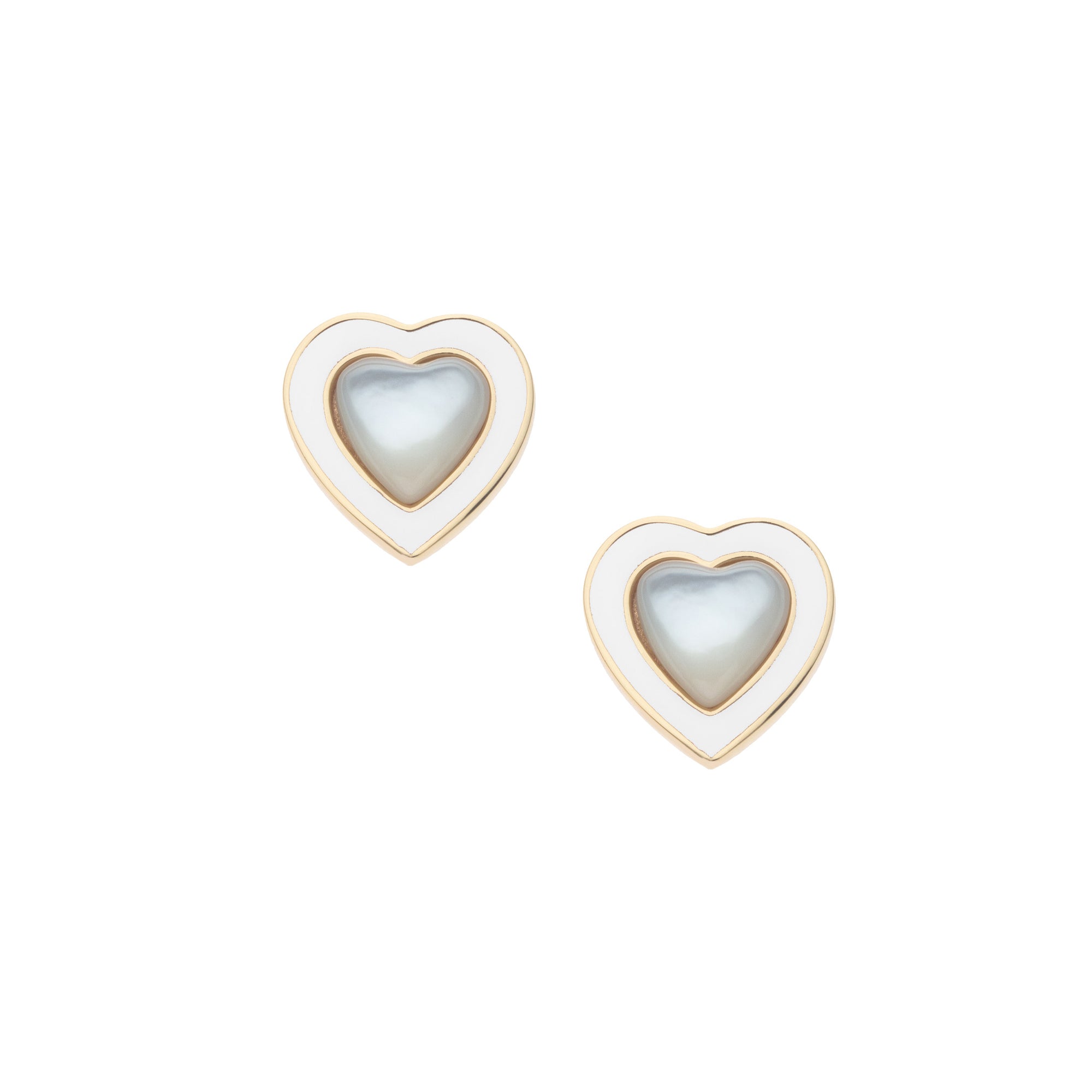 Mother of pearl heart stud earrings with white enamel and gold border