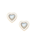 Mother of pearl heart stud earrings with white enamel and gold border