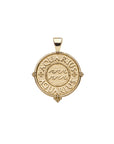 Gold small Aquarius coin pendant featuring the word "Aquarius" twice along the border with waves in the center