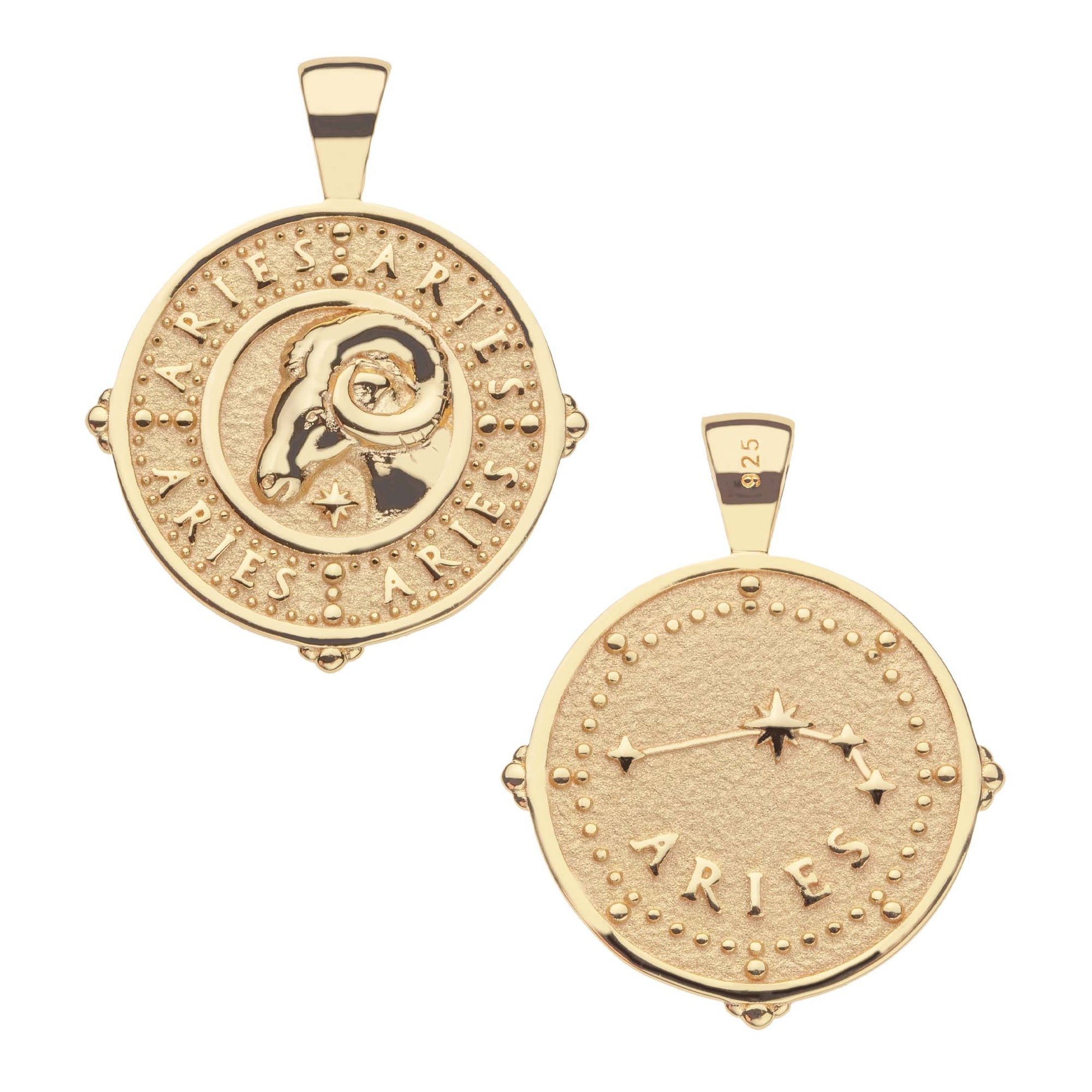 Gold original Aries coin pendant featuring a ram in the center with the word "Aries" repeated around the border on one side and the Aries constellation with "Aries" underneath on the other side