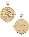 Gold original Aries coin pendant featuring a ram in the center with the word "Aries" repeated around the border on one side and the Aries constellation with "Aries" underneath on the other side