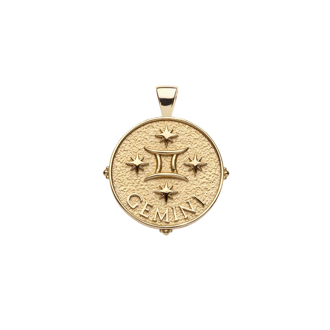 Gold small Gemini coin pendant featuring the Gemini symbol with 4 stars and the word "Gemini" underneath