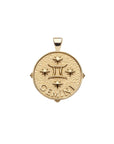 Gold small Gemini coin pendant featuring the Gemini symbol with 4 stars and the word "Gemini" underneath