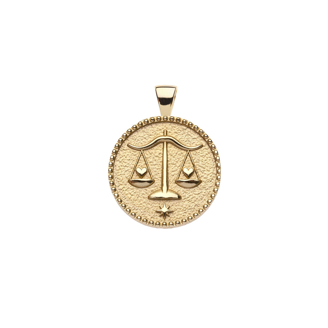 Gold small Libra coin pendant features balanced scales holding hearts