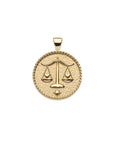 Gold small Libra coin pendant features balanced scales holding hearts