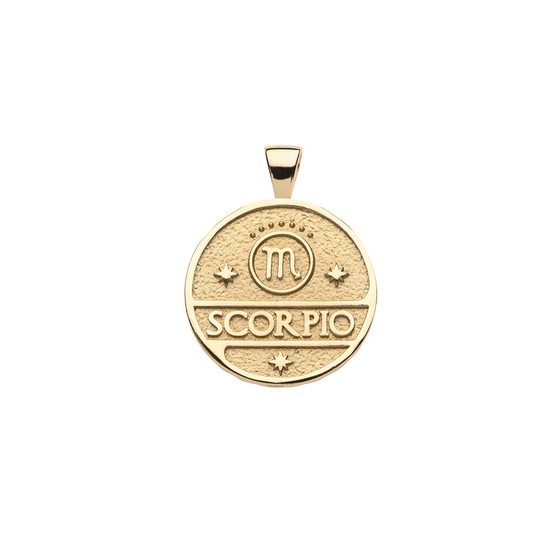Gold small Scorpio coin pendant featuring the word "Scorpio" with the Scorpio symbol and three stars