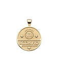 Gold small Scorpio coin pendant featuring the word "Scorpio" with the Scorpio symbol and three stars