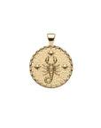 Gold small Scorpio coin pendant featuring a scorpion and three stars