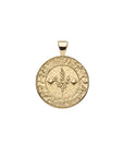 Gold small Virgo coin pendant features a textured border with stem of leaves in the center with two stars