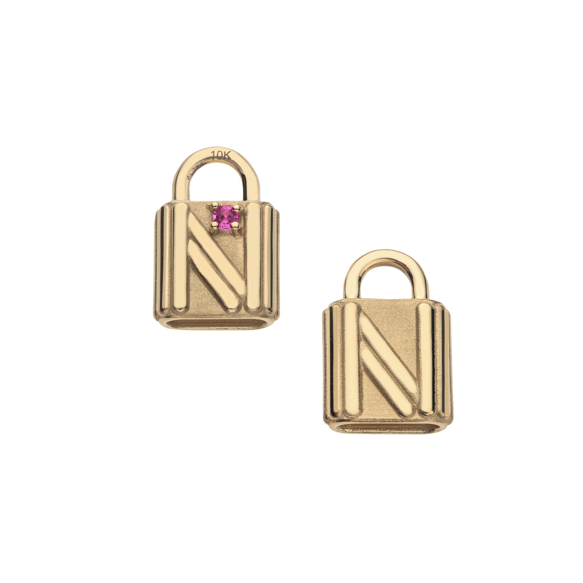 Front of letter N lock pendant with pink tourmaline detail and back also features letter N
