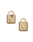 Front of letter N lock pendant with pink tourmaline detail and back also features letter N