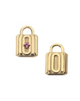 Front of letter O lock pendant with pink tourmaline detail and back also features letter O