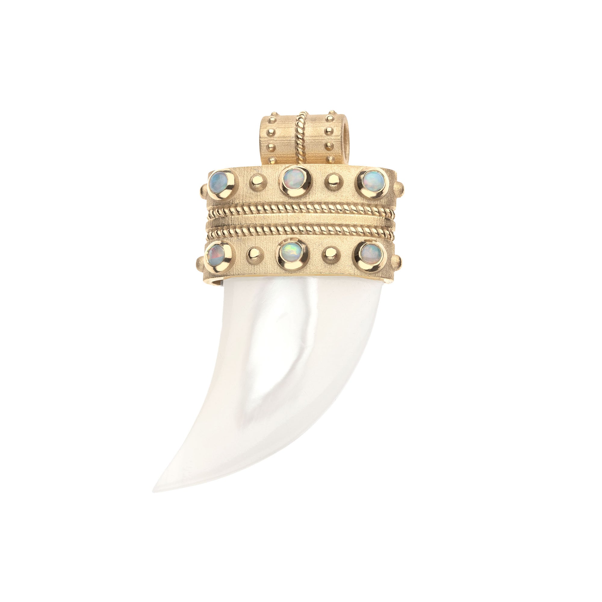 Mother of pearl tusk pendant featuring a gold cap with Ethiopian opal stone details
