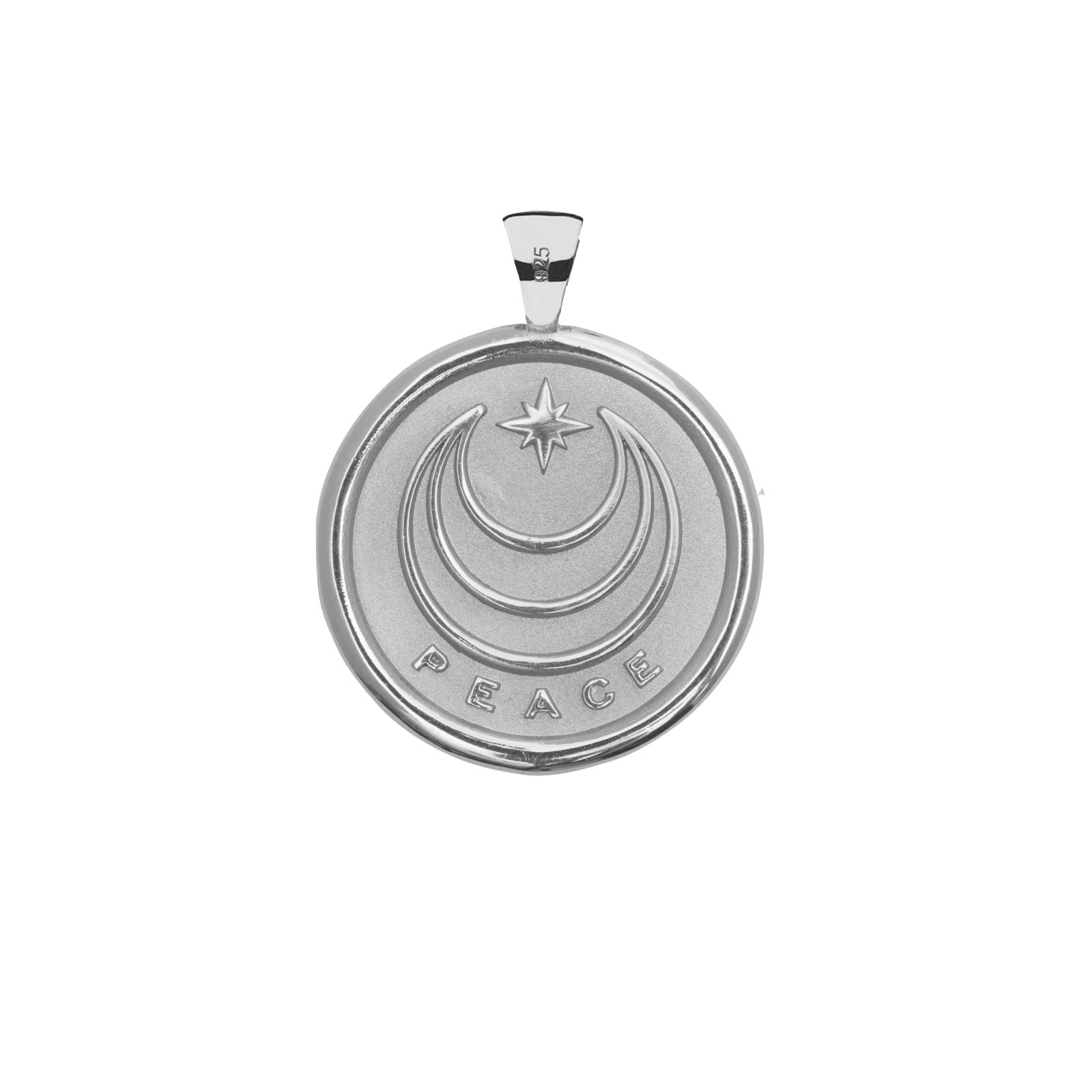 Jane Win silver coin pendant moon and star logo and word PEACE underneath