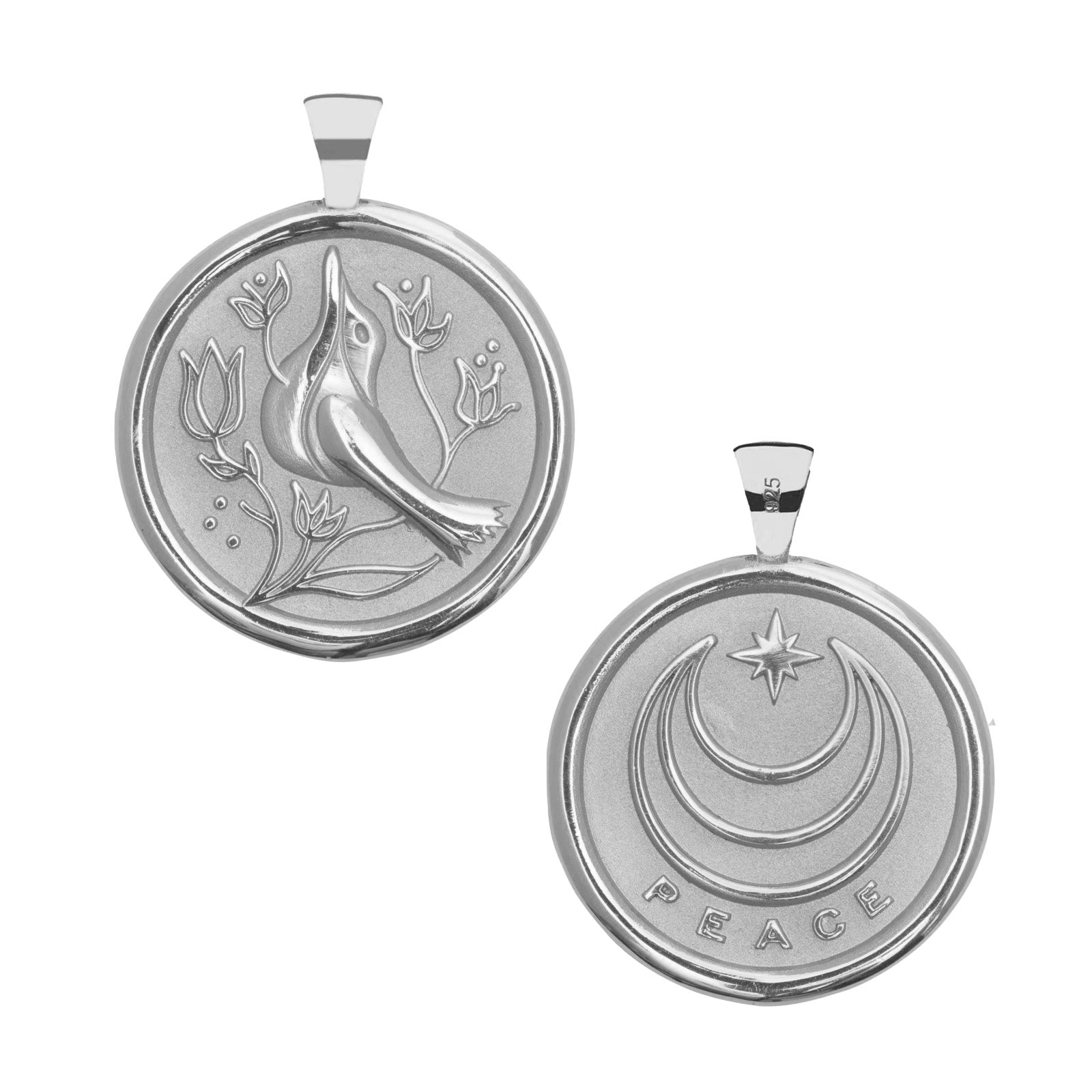 Silver Coin Pendant with a bird and floral designs (front) and moon and star logo and word PEACE underneath (back)