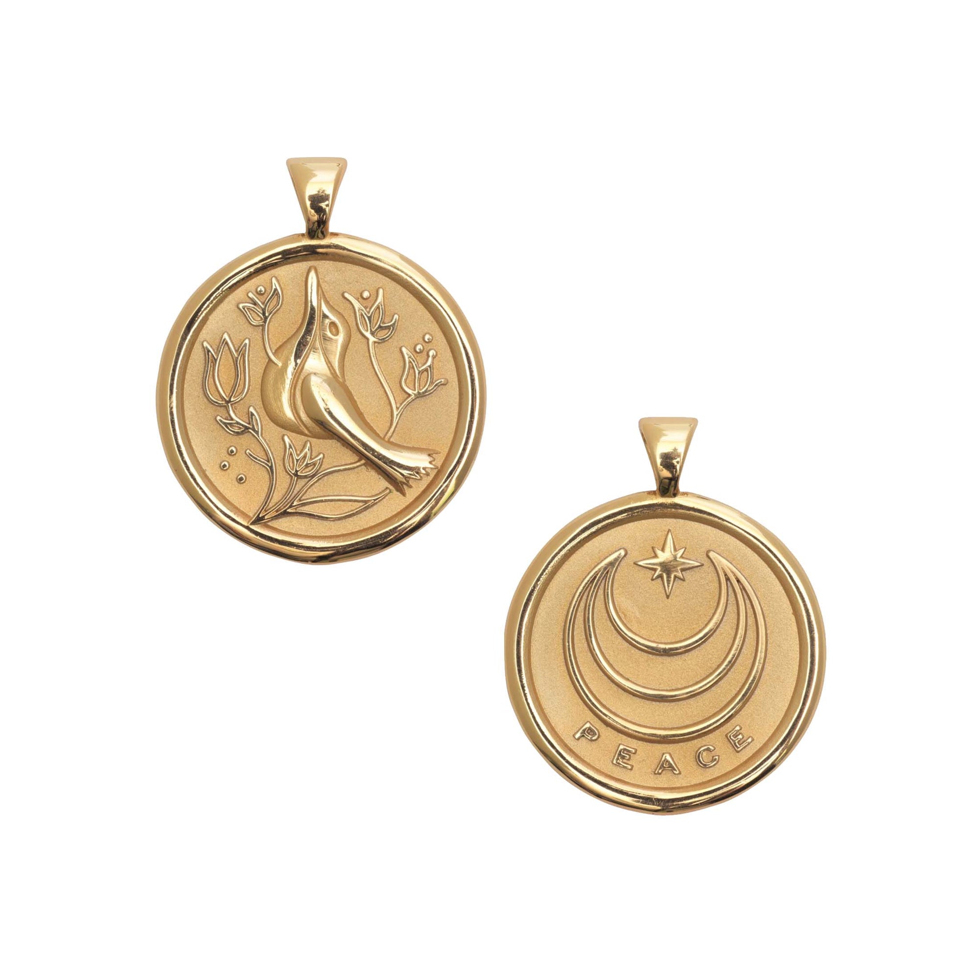 Gold Small Coin Pendant with a bird and floral designs (front) and moon and star logo and word PEACE underneath (back)