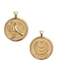 Gold Small Coin Pendant with a bird and floral designs (front) and moon and star logo and word PEACE underneath (back)