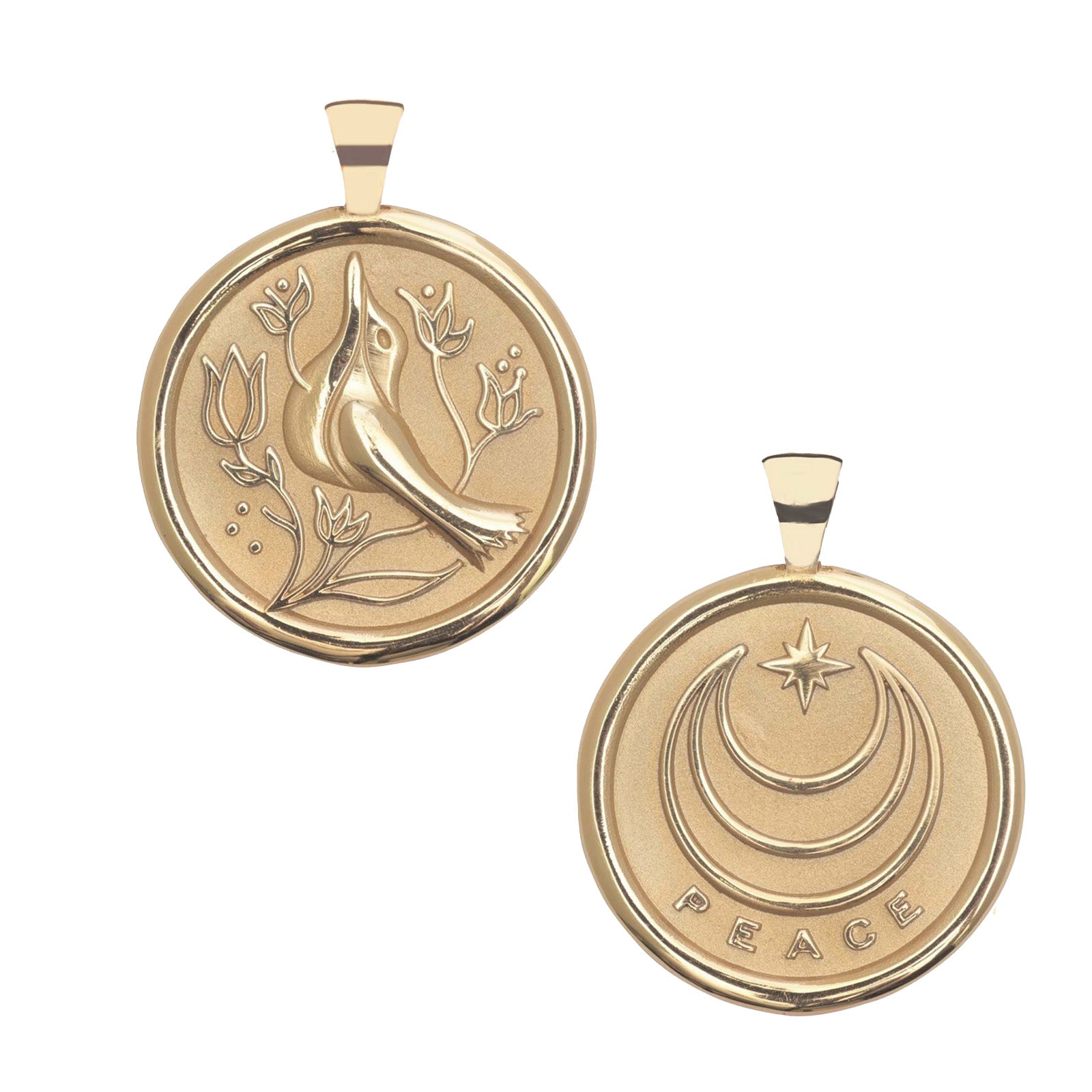Gold Coin Pendant with a bird and floral designs (front) and moon and star logo and word PEACE underneath (back)
