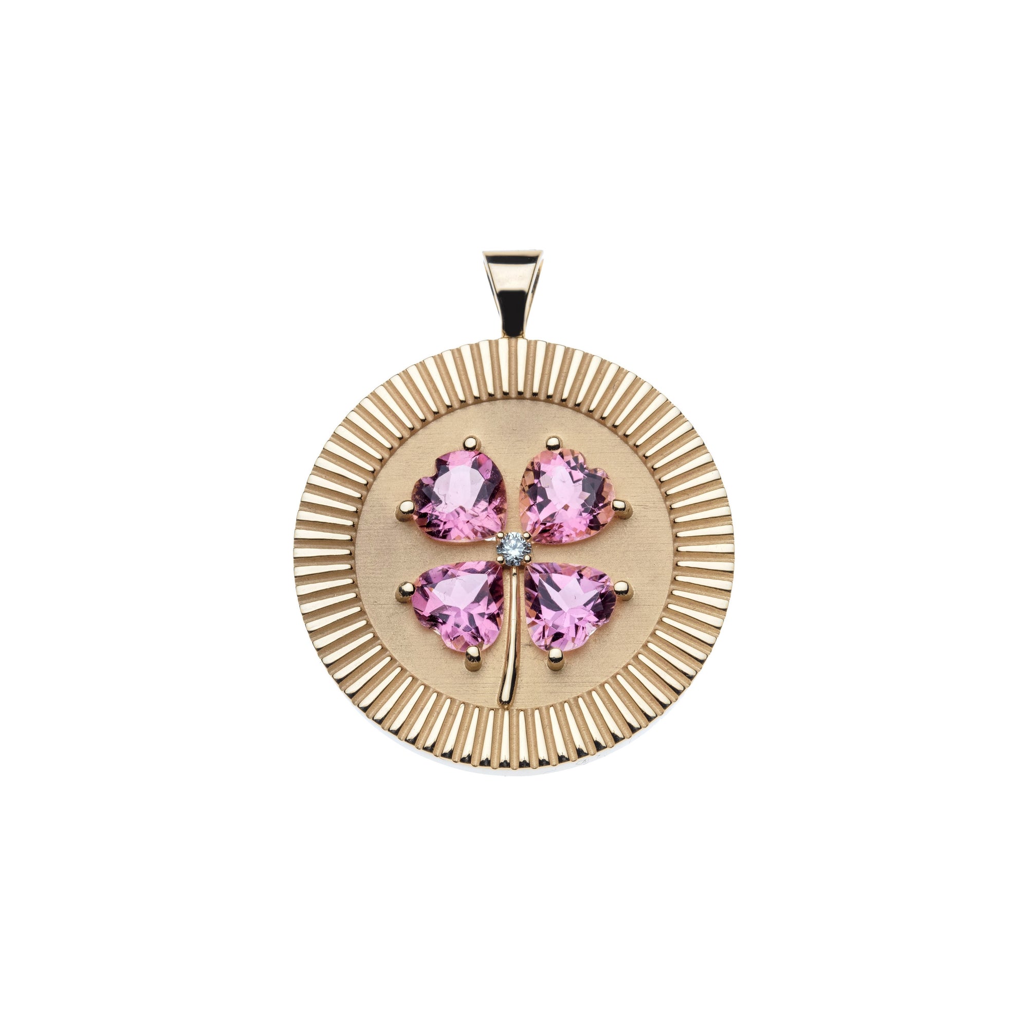 Gold lucky coin pendant with 4 leaf clover made of pink tourmaline stones