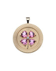 Gold lucky coin pendant with 4 leaf clover made of pink tourmaline stones