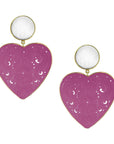 Gold heart drop earrings with mother of pearl top stud and large fuchsia agate heart drops featuring carved flowers