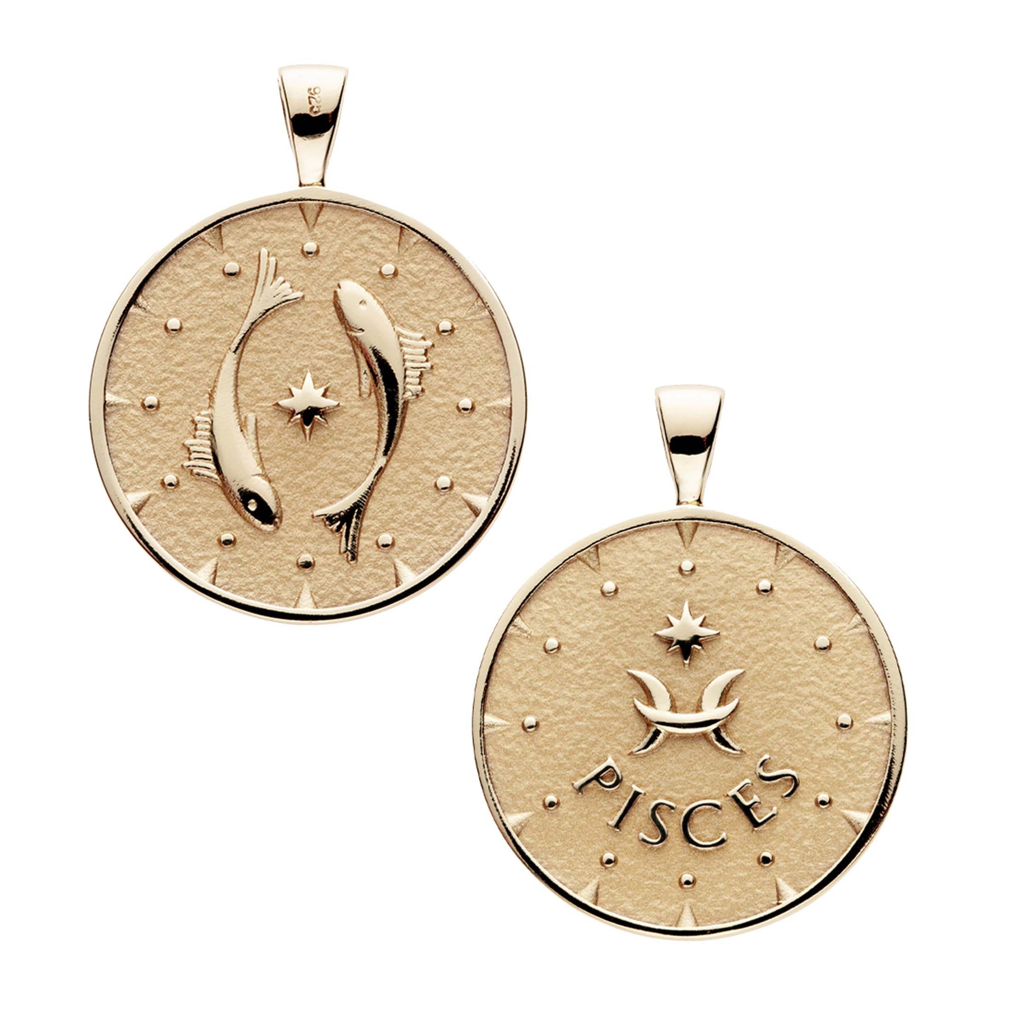Gold original Pisces coin features two fish with a star in the center on one side and the Pisces symbol with a star and the word "Pisces" underneath on the other side.