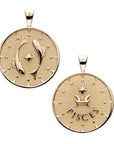 Gold original Pisces coin features two fish with a star in the center on one side and the Pisces symbol with a star and the word "Pisces" underneath on the other side.