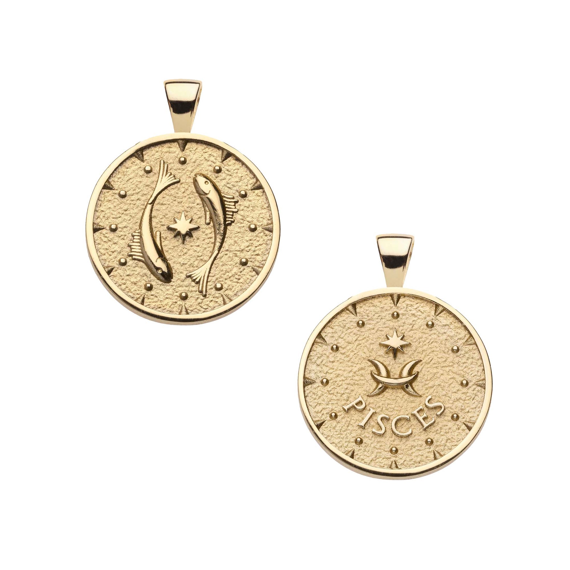 Gold small Pisces coin features two fish with a star in the center on one side and the Pisces symbol with a star and the word "Pisces" underneath on the other side.