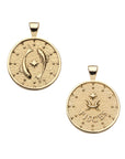Gold small Pisces coin features two fish with a star in the center on one side and the Pisces symbol with a star and the word "Pisces" underneath on the other side.