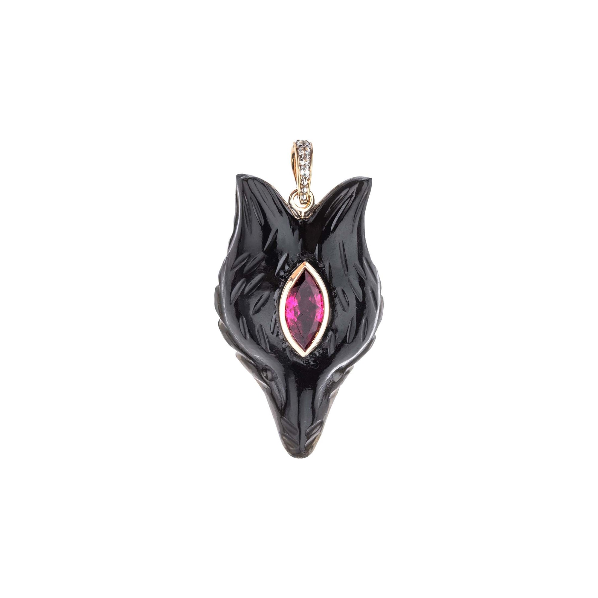 Carved onyx fox head pendant with pink tourmaline set in forehead and gold bail with white topaz accents