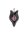 Carved onyx fox head pendant with pink tourmaline set in forehead and gold bail with white topaz accents