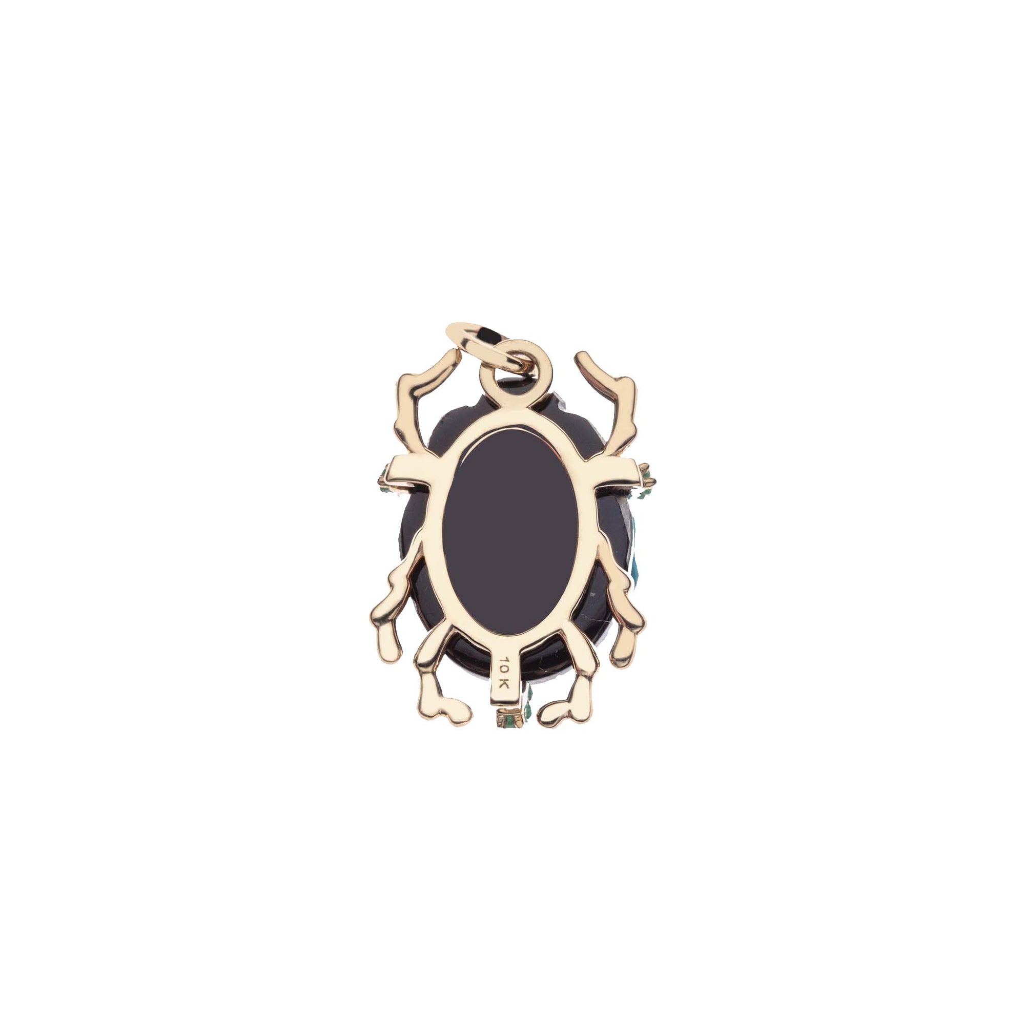 Back view of onyx scarab shows gold legs and setting