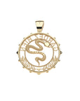 Back of gold protect coin pendant features the word PROTECT on the snake
