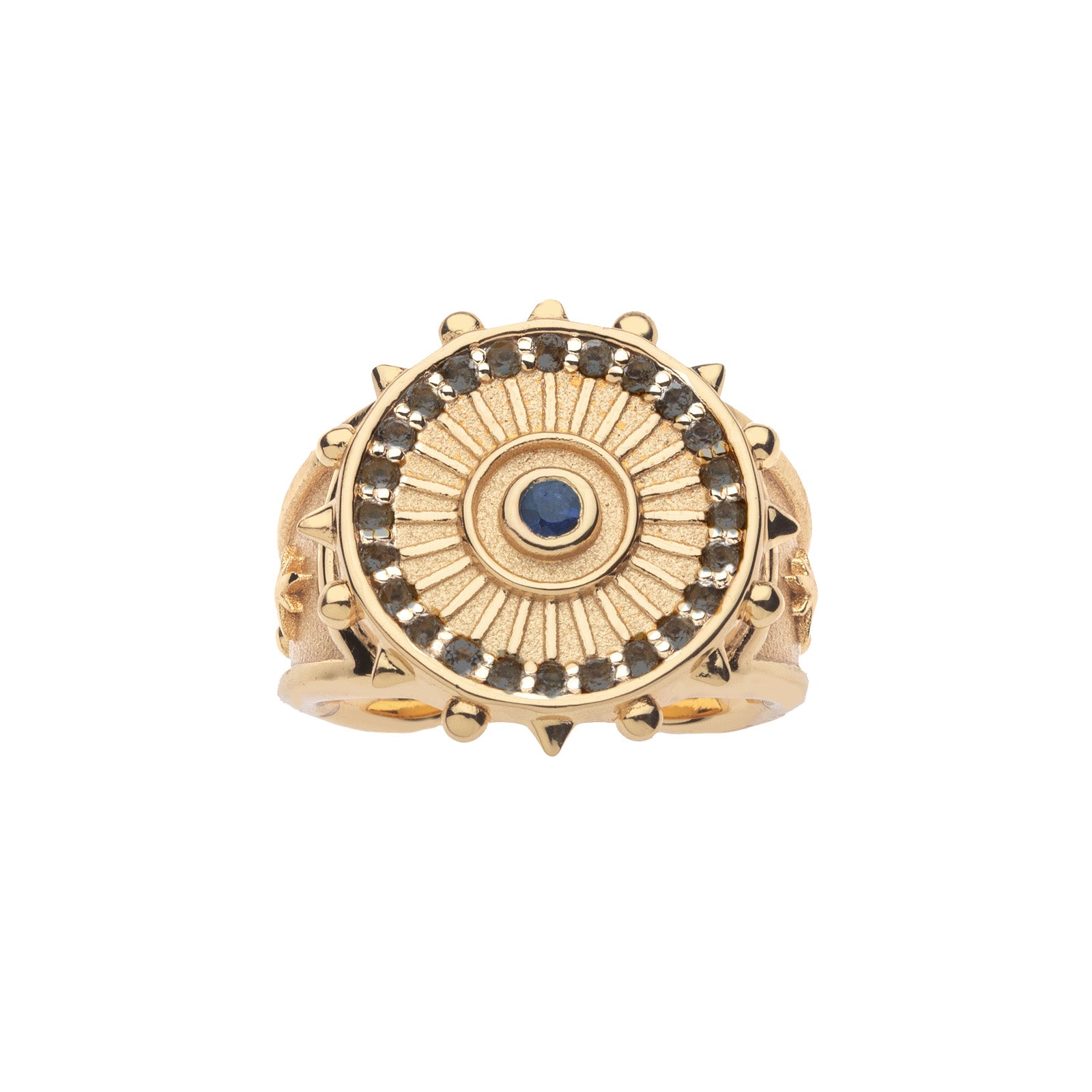 Gold evil eye ring featuring London blue topaz stone in the center and border of smoky topaz stones