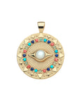 Gold evil eye coin pendant features mother of pearl cabochon in the center, with border of green jade, lapis, coral, and turquoise stones