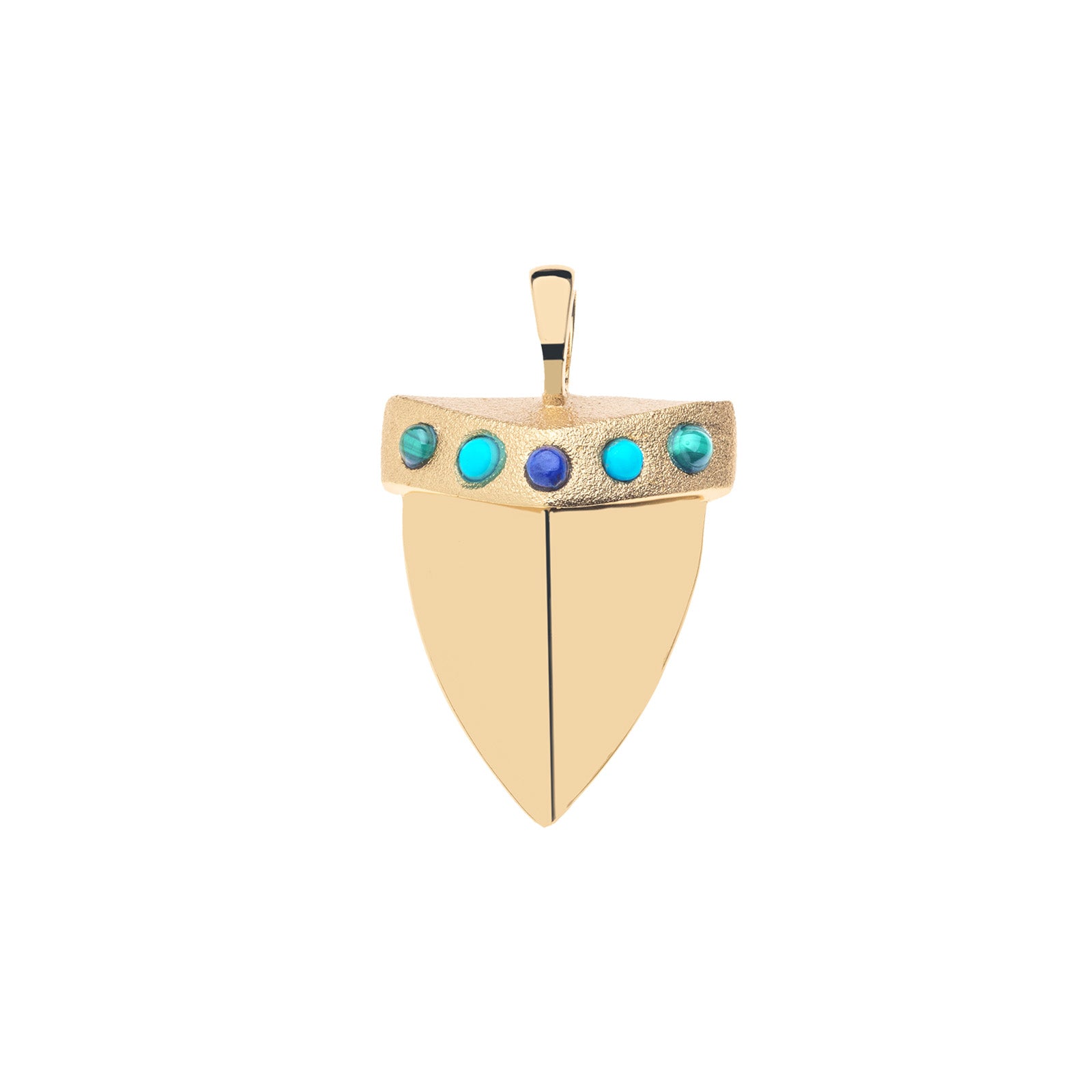 Gold shark tooth pendant featuring lapis, turquoise, and malachite accent stones